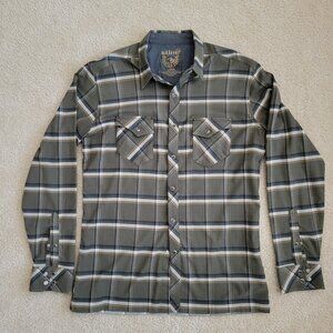 KUHL DILLENGR Mens Large Brown Plaid Flannel Snap Button Rugged Hiking Shirt